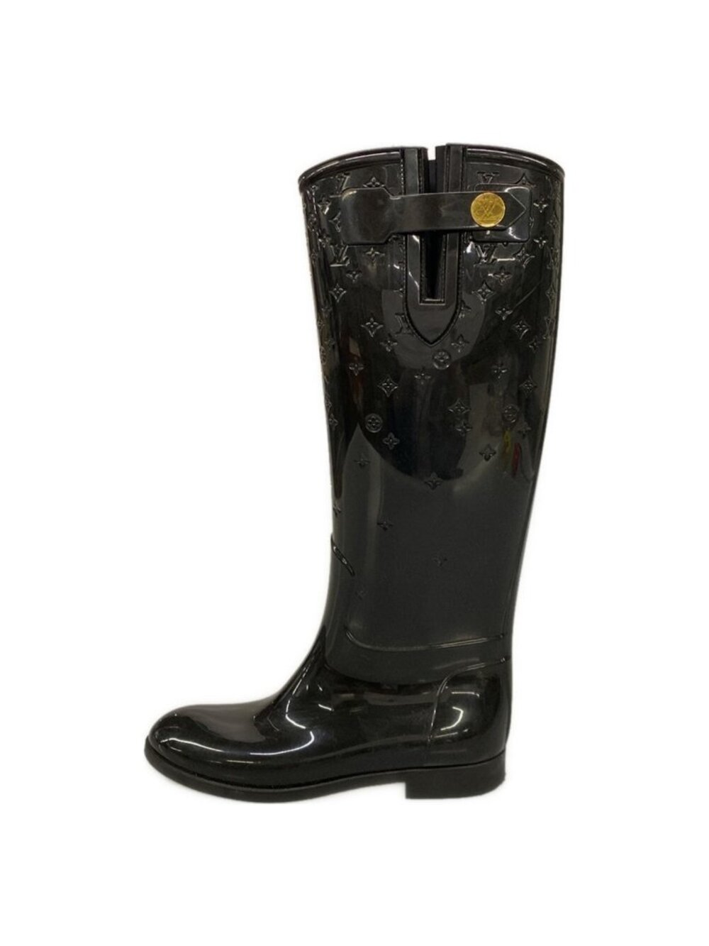 Louis Vuitton Rain Boots Black Long Monogram Pattern Embossed